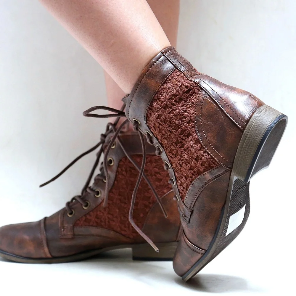 New Brown Lace Up Lace Panel Ankle Boots Booties